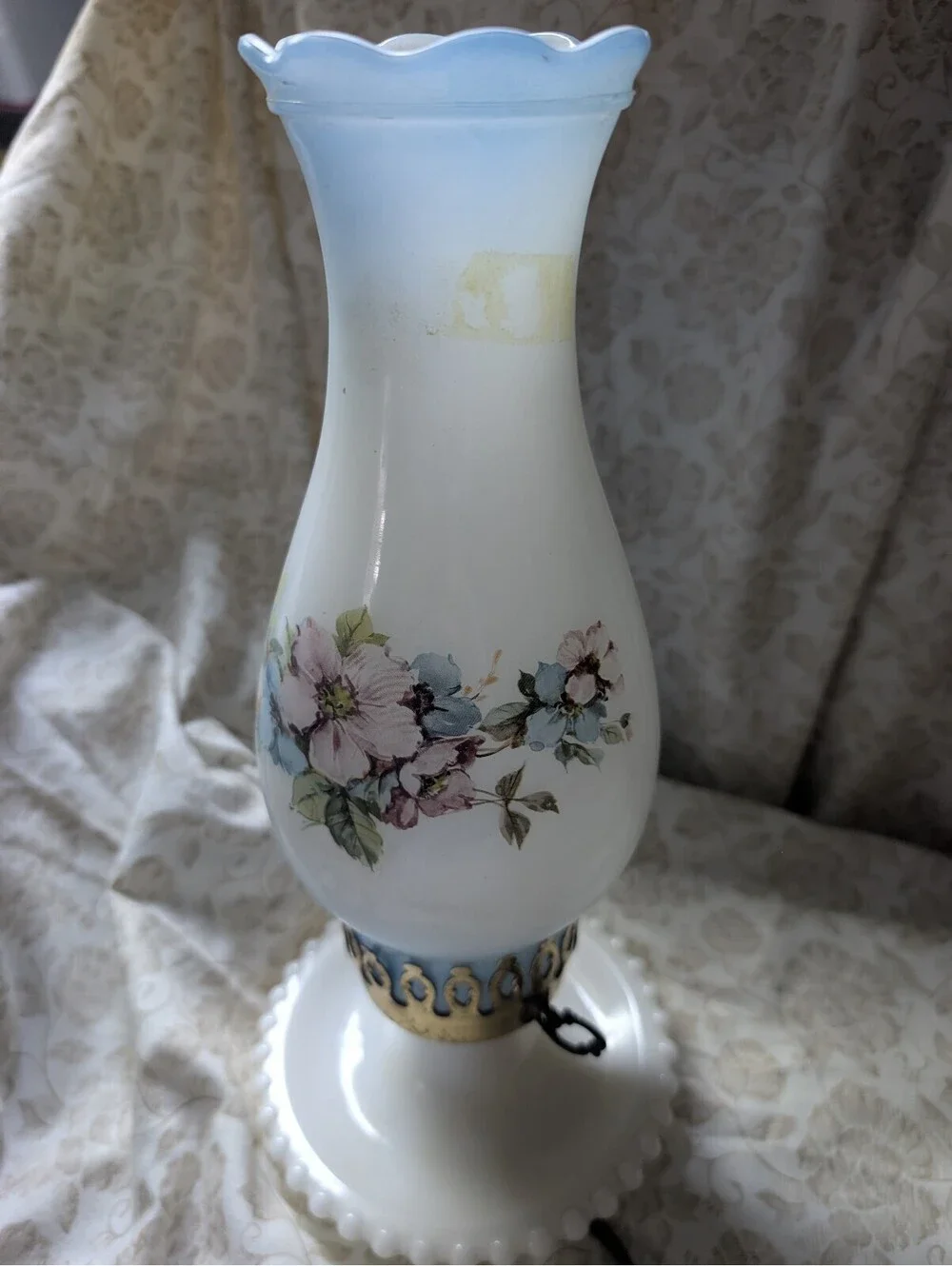 Vintage Milk Glass Electric Table Lamp with Floral Design